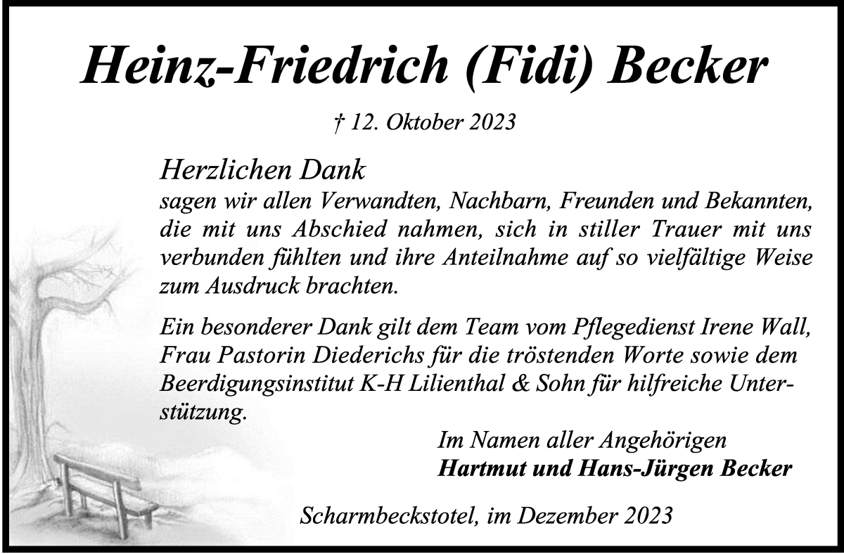 Traueranzeige von Heinz-Friedrich (Fidi) Becker von Osterholzer Kreisblatt