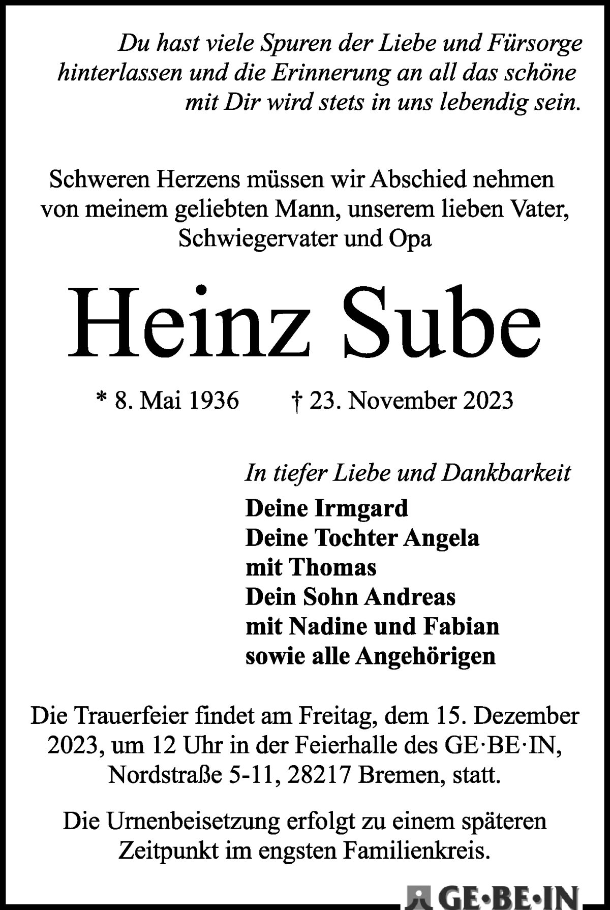 Traueranzeige von Heinz Sube von WESER-KURIER