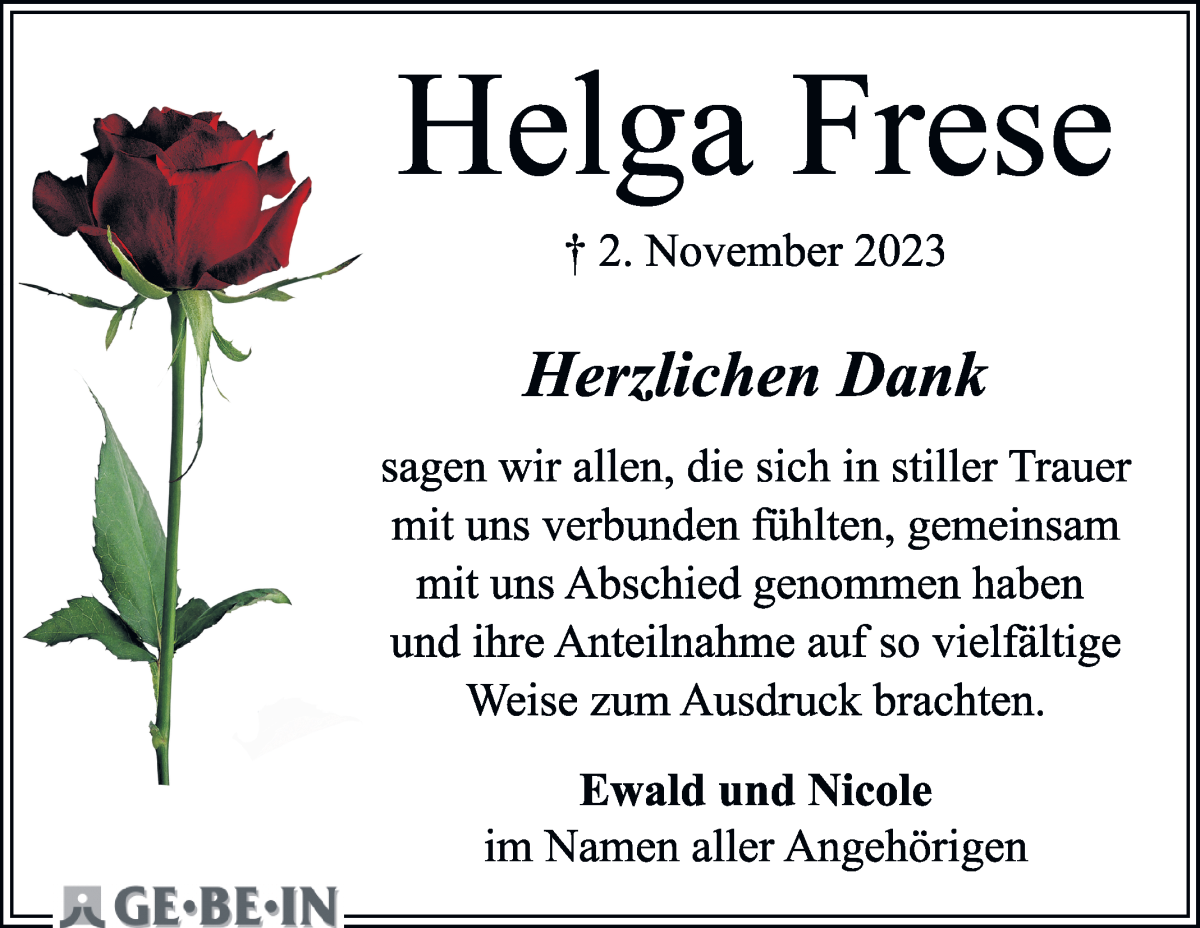 Traueranzeige von Helga Frese von WESER-KURIER