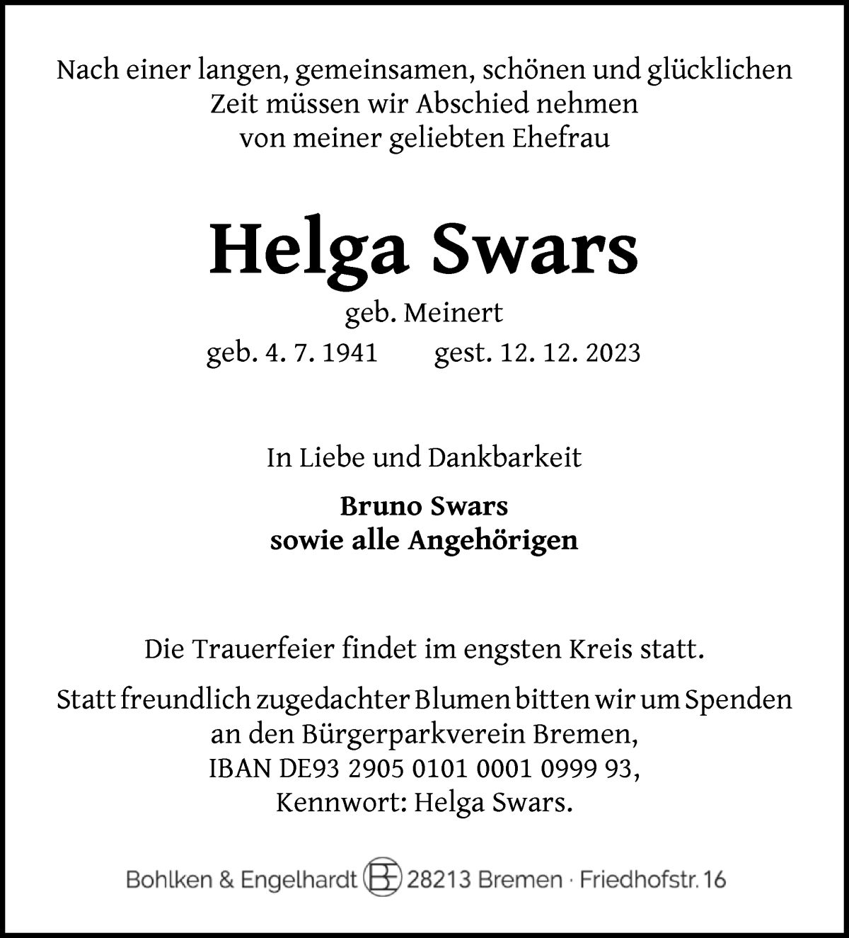 Traueranzeige von Helga Swars von WESER-KURIER