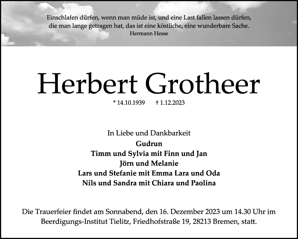 Traueranzeige von Herbert Grotheer von WESER-KURIER