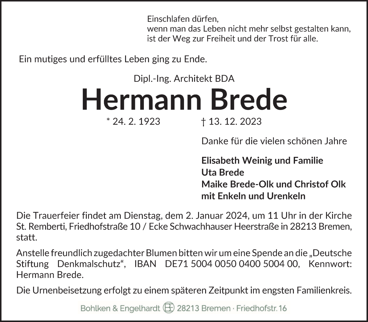 Traueranzeige von Hermann Brede von WESER-KURIER
