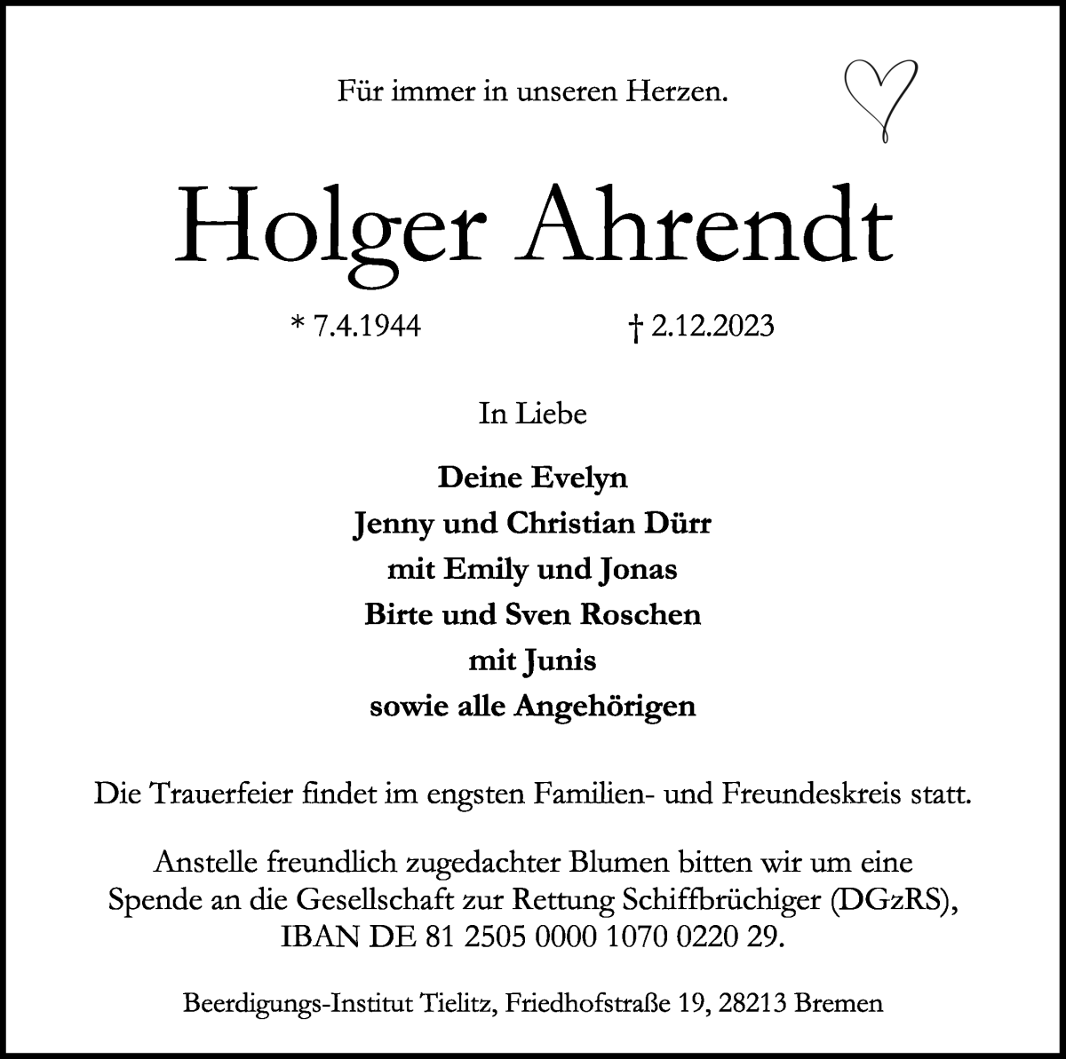 Traueranzeige von Holger Ahrendt von WESER-KURIER