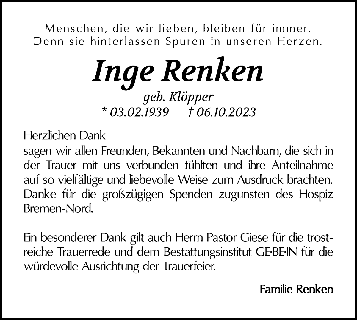 Traueranzeige von Inge Renken von WESER-KURIER