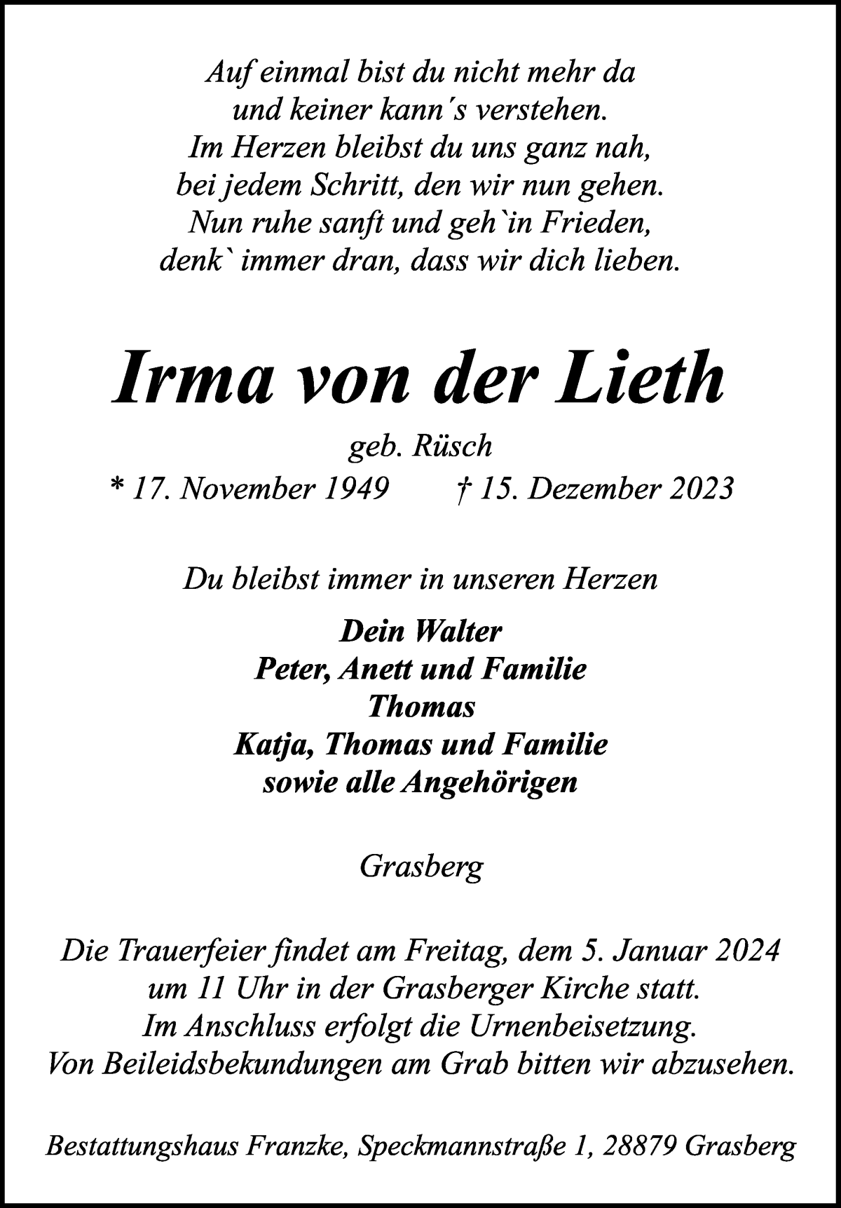 Traueranzeige von Irma von der Lieth von Wuemme Zeitung