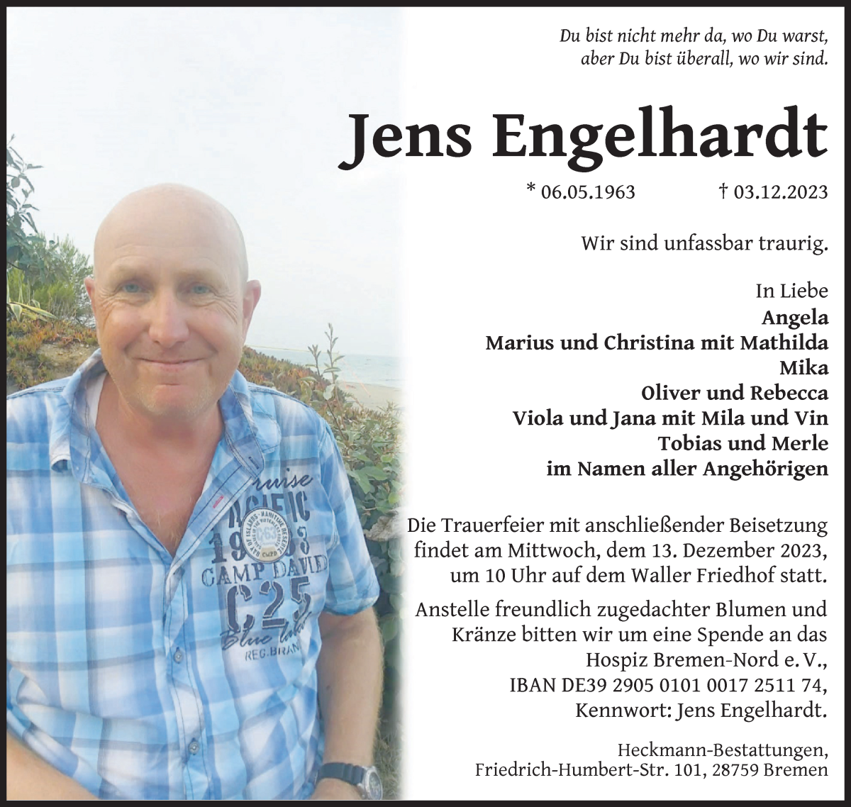Traueranzeige von Jens Engelhardt von WESER-KURIER