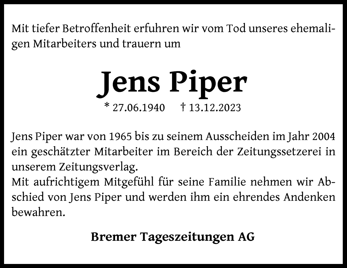 Traueranzeige von Jens Piper von WESER-KURIER