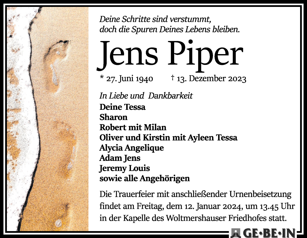 Traueranzeige von Jens Piper von WESER-KURIER