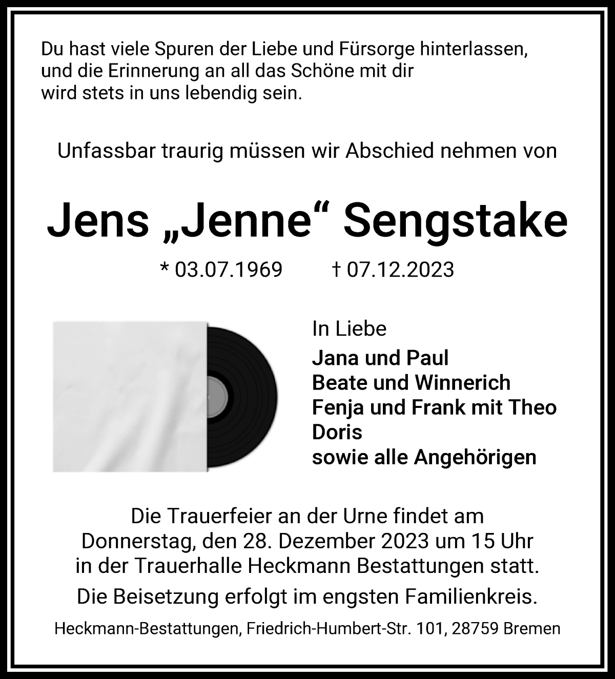 Traueranzeige von Jens Jenne Sengstake von Die Norddeutsche
