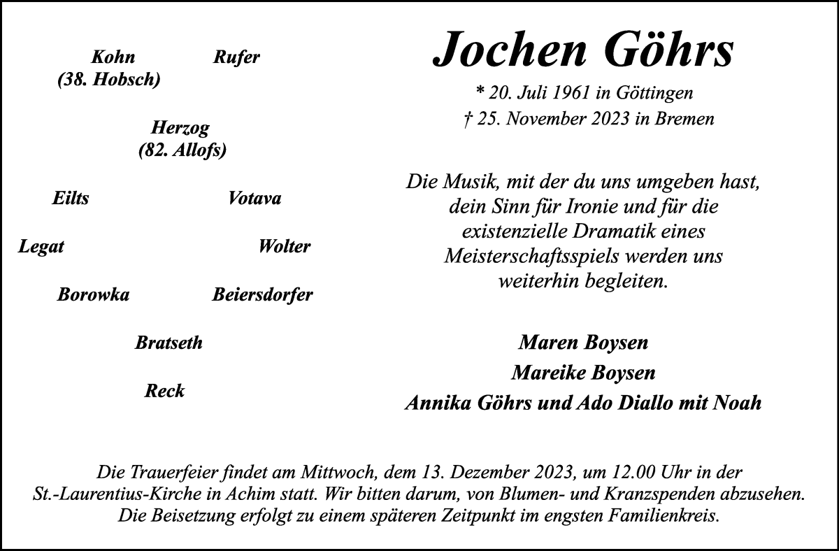 Traueranzeige von Jochen Göhrs von Achimer Kurier/Verdener Nachrichten