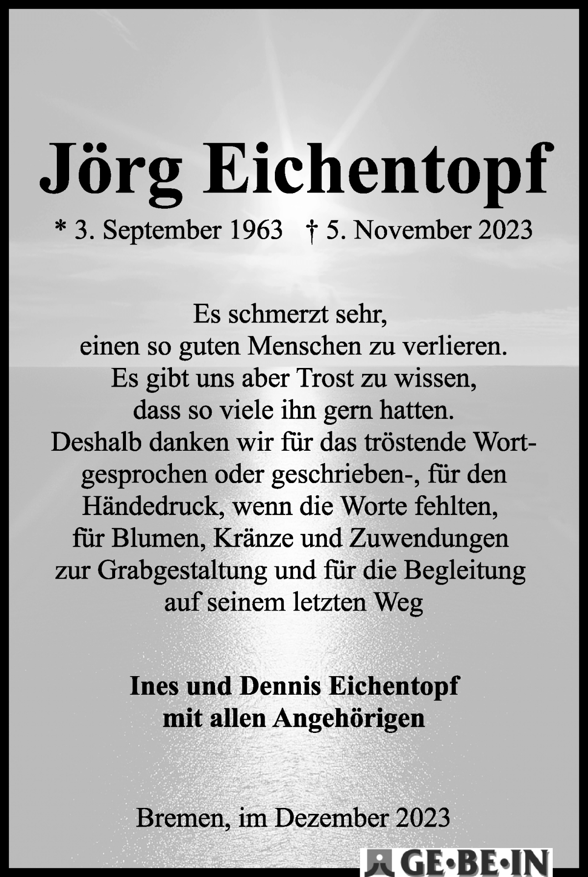 Traueranzeige von Jörg Eichentopf von WESER-KURIER