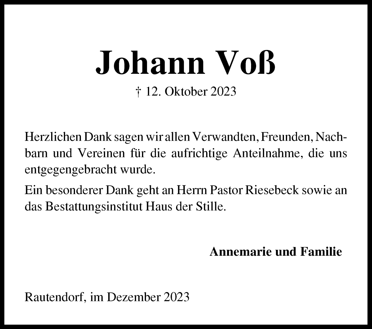 Traueranzeige von Johann Voß von Wuemme Zeitung