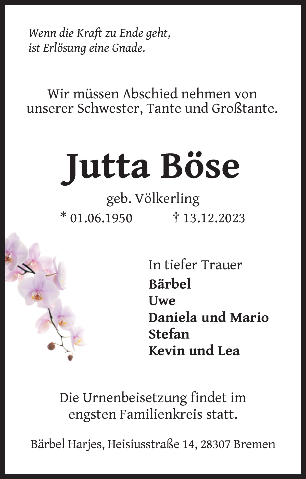 Traueranzeige von Jutta Böse von WESER-KURIER