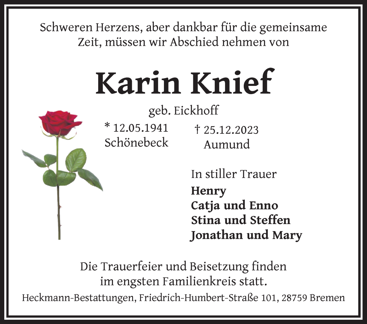 Traueranzeige von Karin Knief von Die Norddeutsche
