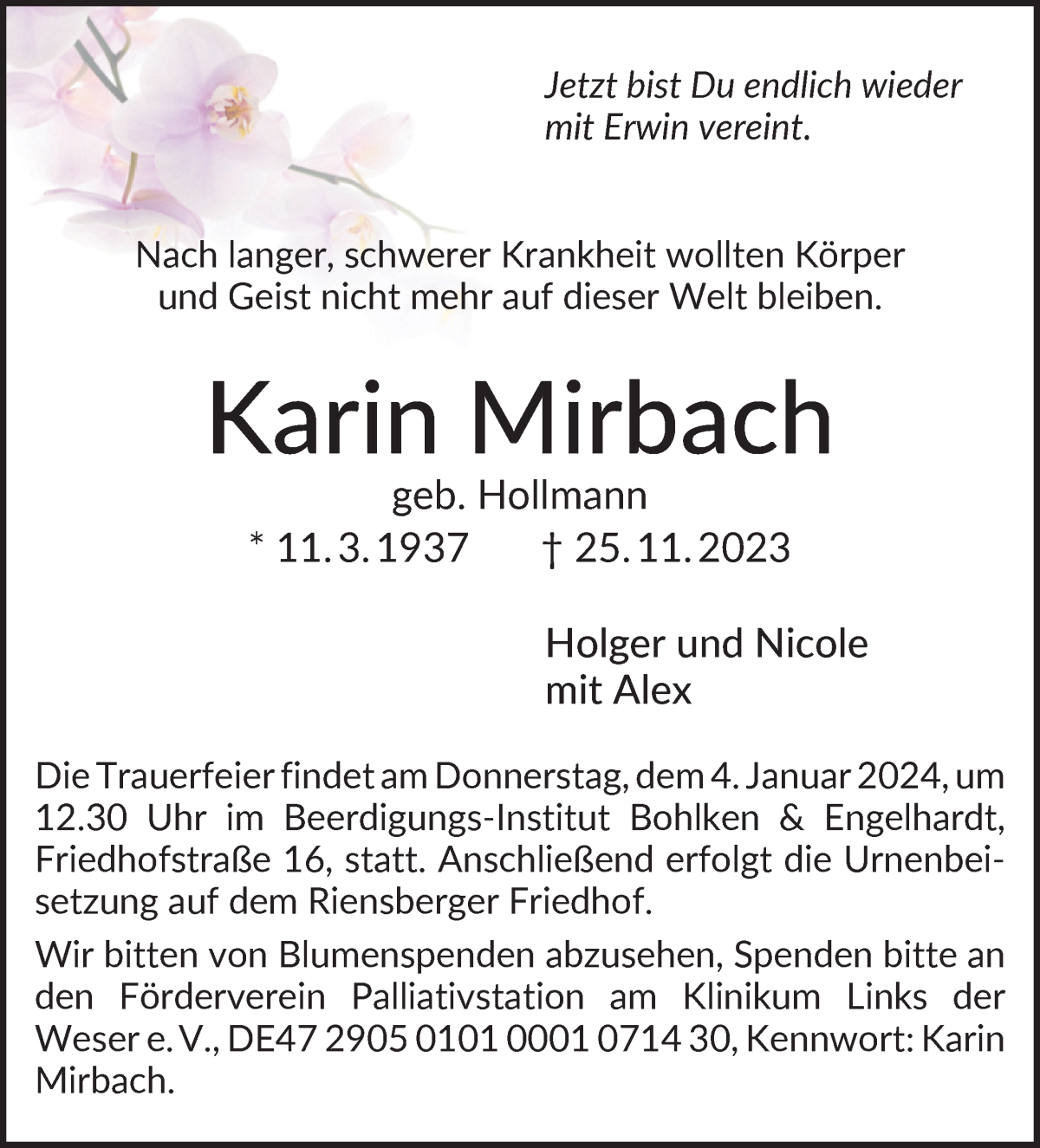 Traueranzeige von Karin Mirbach von WESER-KURIER