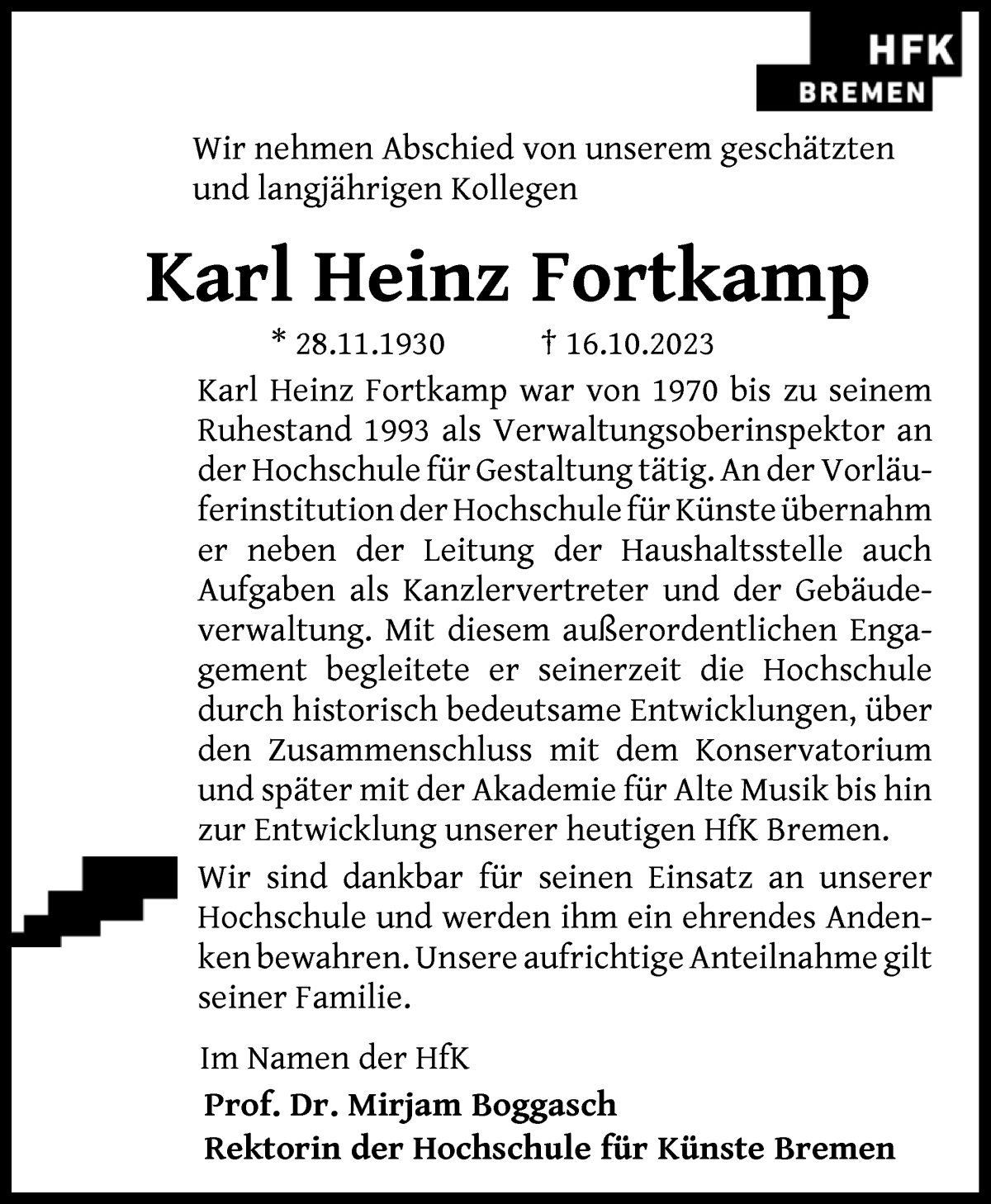 Traueranzeige von Karl Heinz Fortkamp von WESER-KURIER