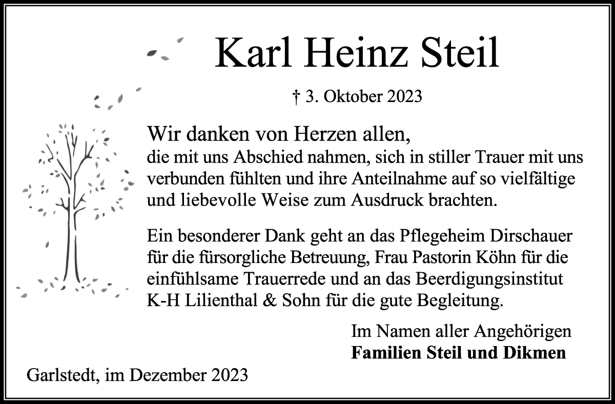 Traueranzeige von Karl Heinz Steil von Osterholzer Kreisblatt