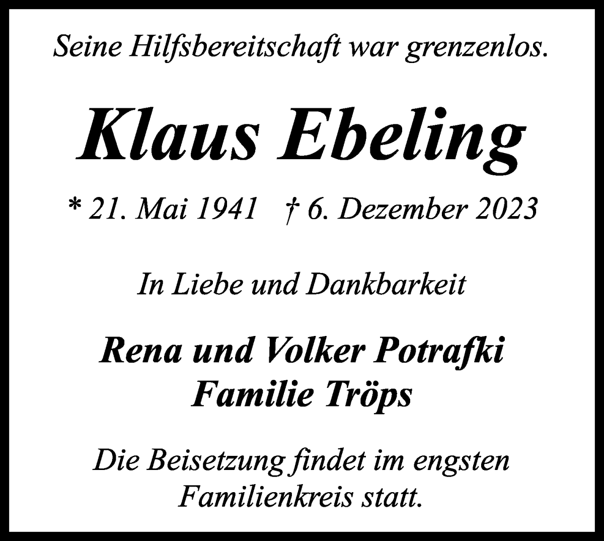 Traueranzeige von Klaus Ebeling von WESER-KURIER