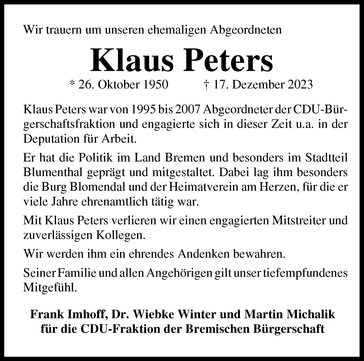 Traueranzeige von Klaus Peters von WESER-KURIER