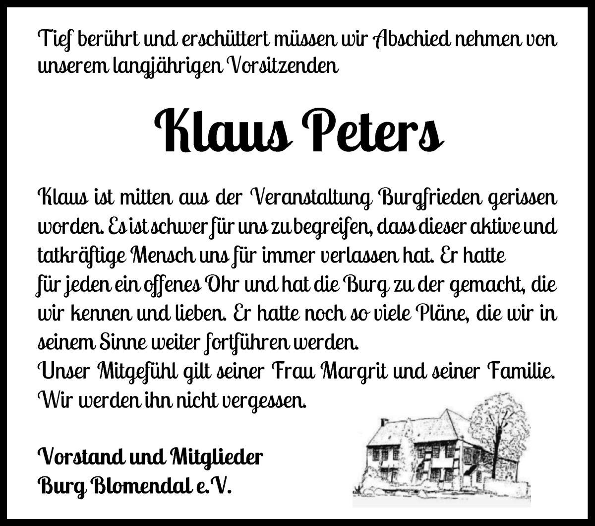 Traueranzeige von Klaus Peters von Die Norddeutsche