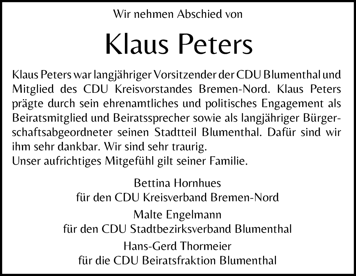 Traueranzeige von Klaus Peters von Die Norddeutsche