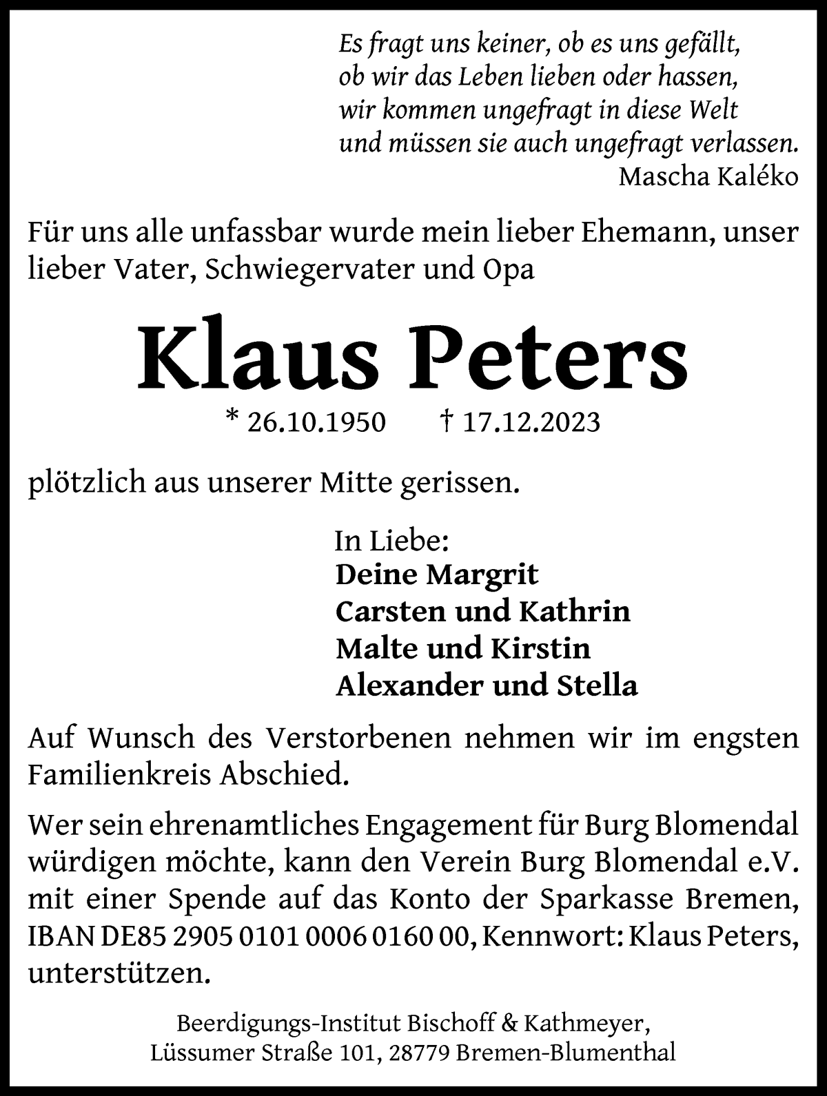 Traueranzeige von Klaus Peters von Die Norddeutsche