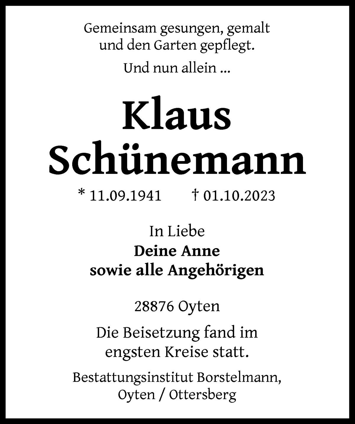 Traueranzeige von Klaus Schünemann von WESER-KURIER