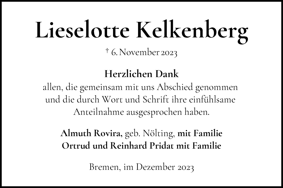 Traueranzeige von Lieselotte Kelkenberg von WESER-KURIER
