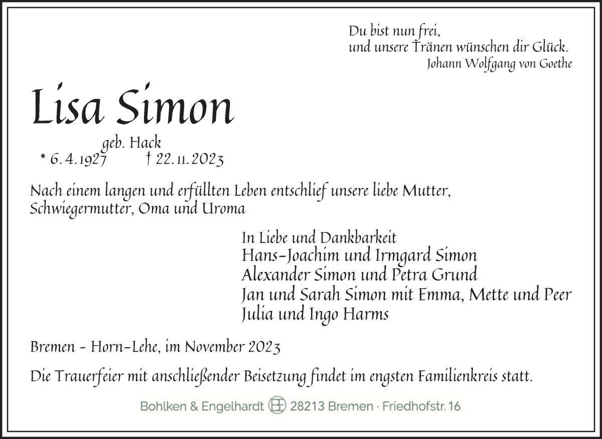 Traueranzeige von Lisa Simon von WESER-KURIER
