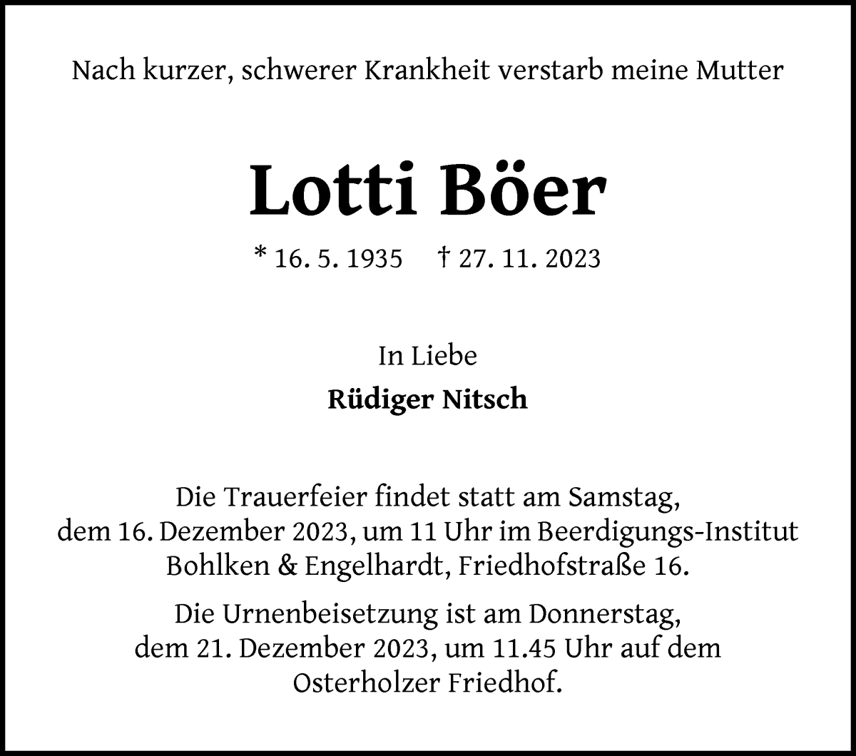 Traueranzeige von Lotti Böer von WESER-KURIER