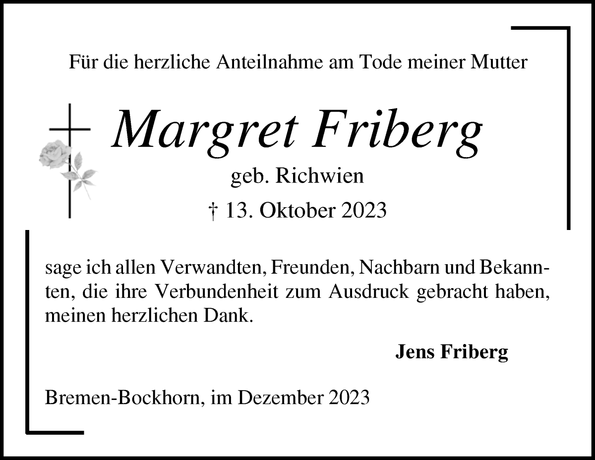 Traueranzeige von Margret Friberg von Die Norddeutsche