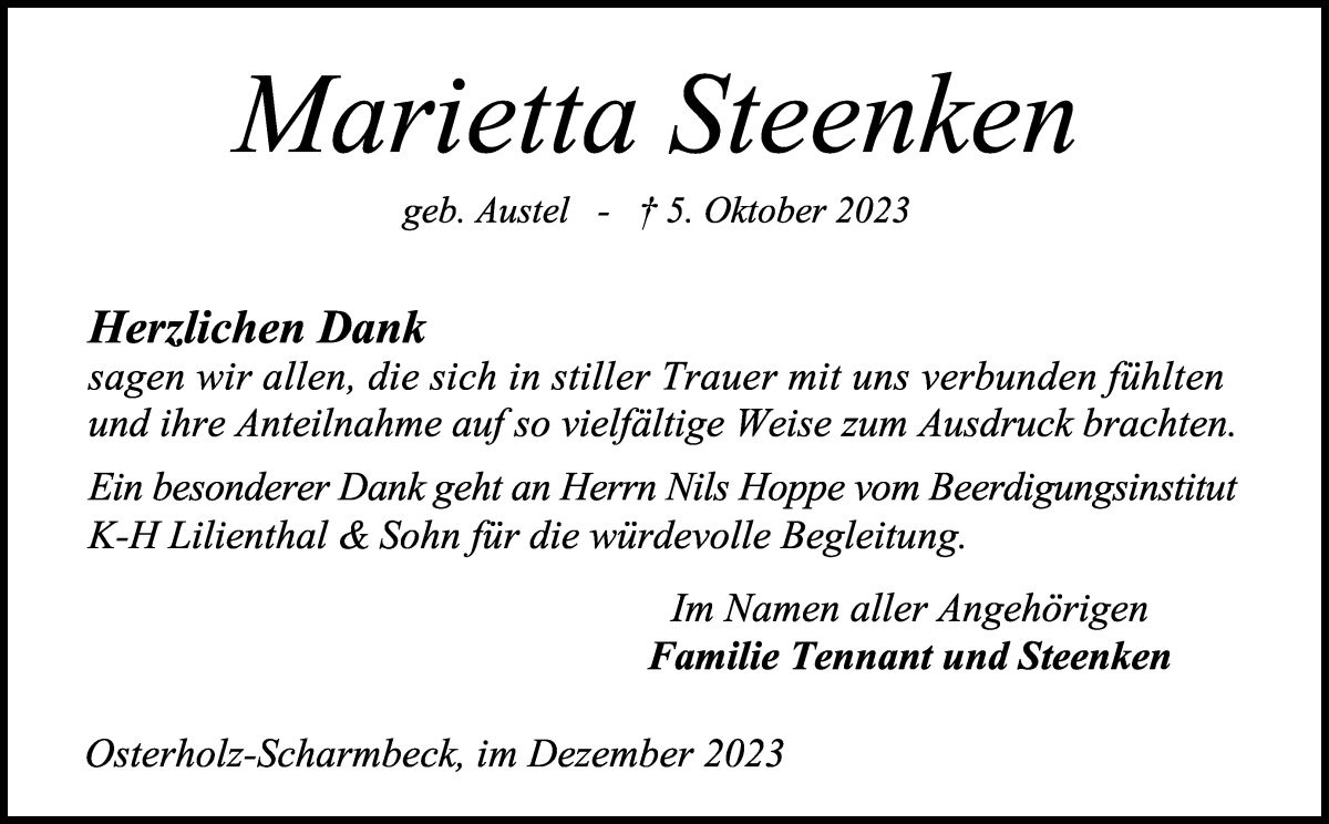 Traueranzeige von Marietta Steenken von Osterholzer Kreisblatt