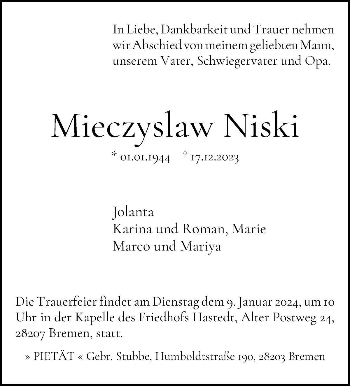 Traueranzeige von Mieczyslaw Niski von WESER-KURIER