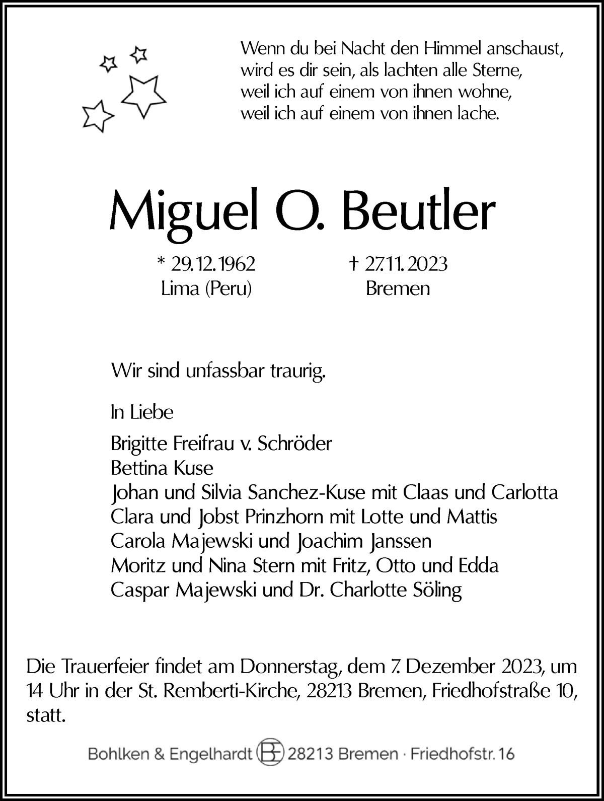 Traueranzeige von Miguel O. Beutler von WESER-KURIER