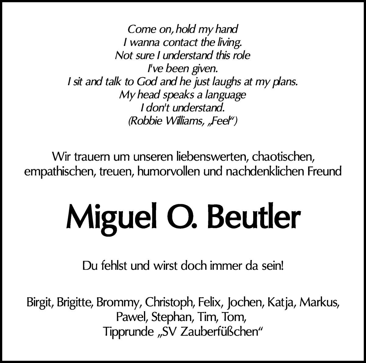 Traueranzeige von Miguel O. Beutler von WESER-KURIER