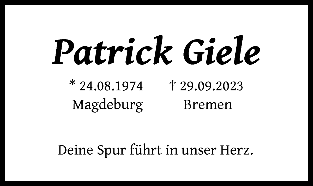 Traueranzeige von Patrick Giele von WESER-KURIER