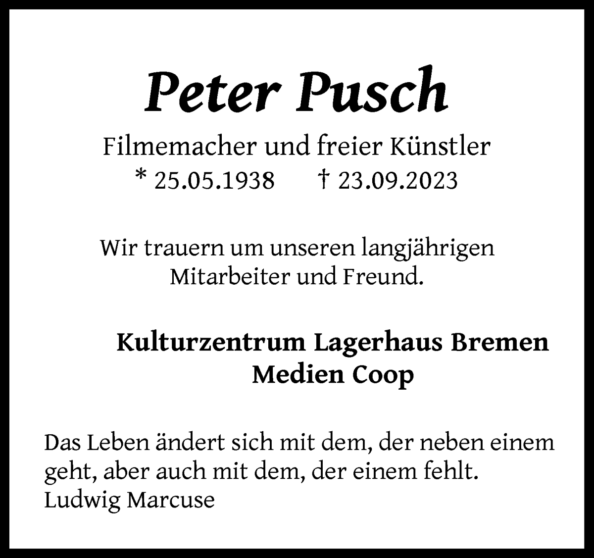 Traueranzeige von Peter Pusch von WESER-KURIER