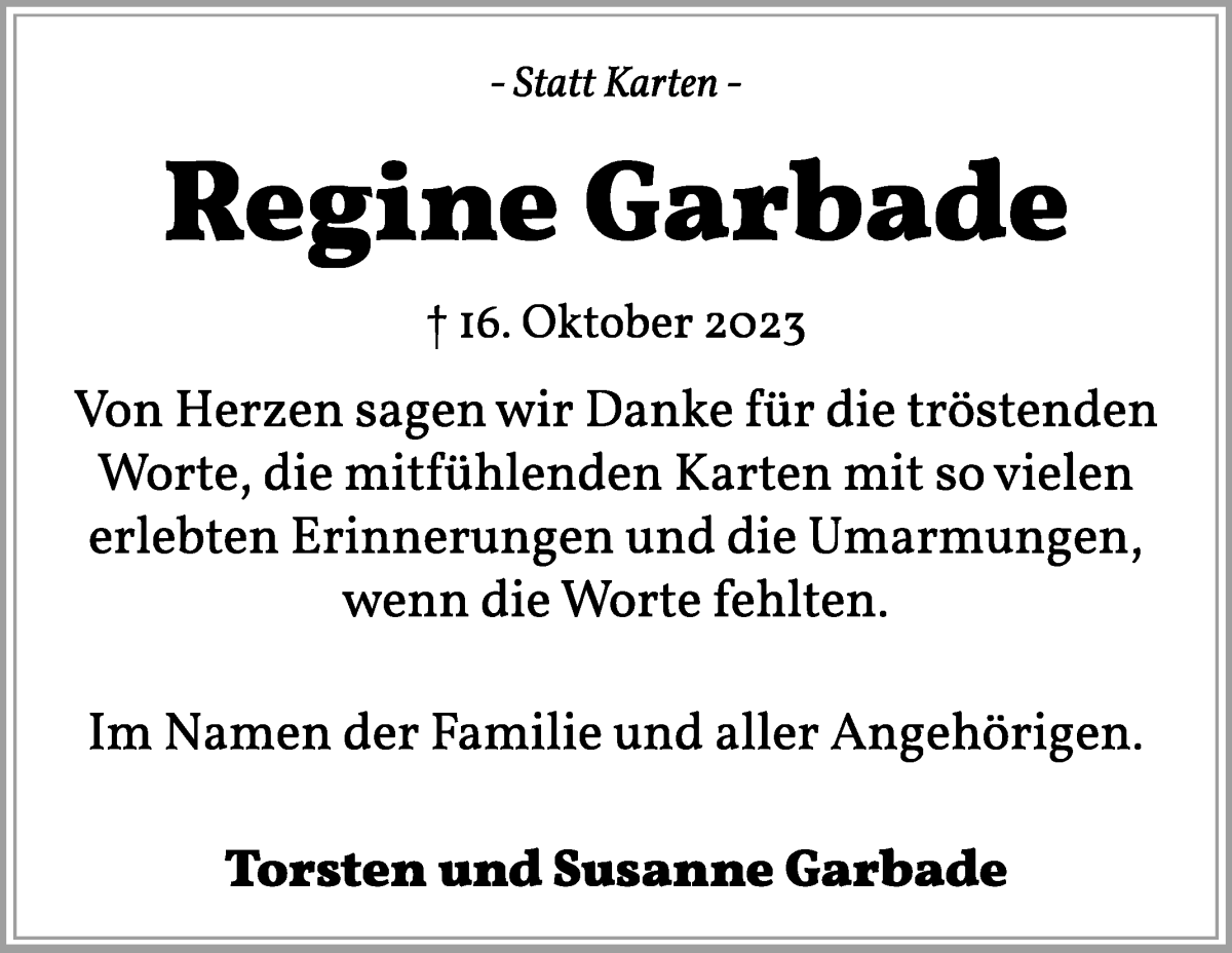 Traueranzeige von Regine Garbade von WESER-KURIER