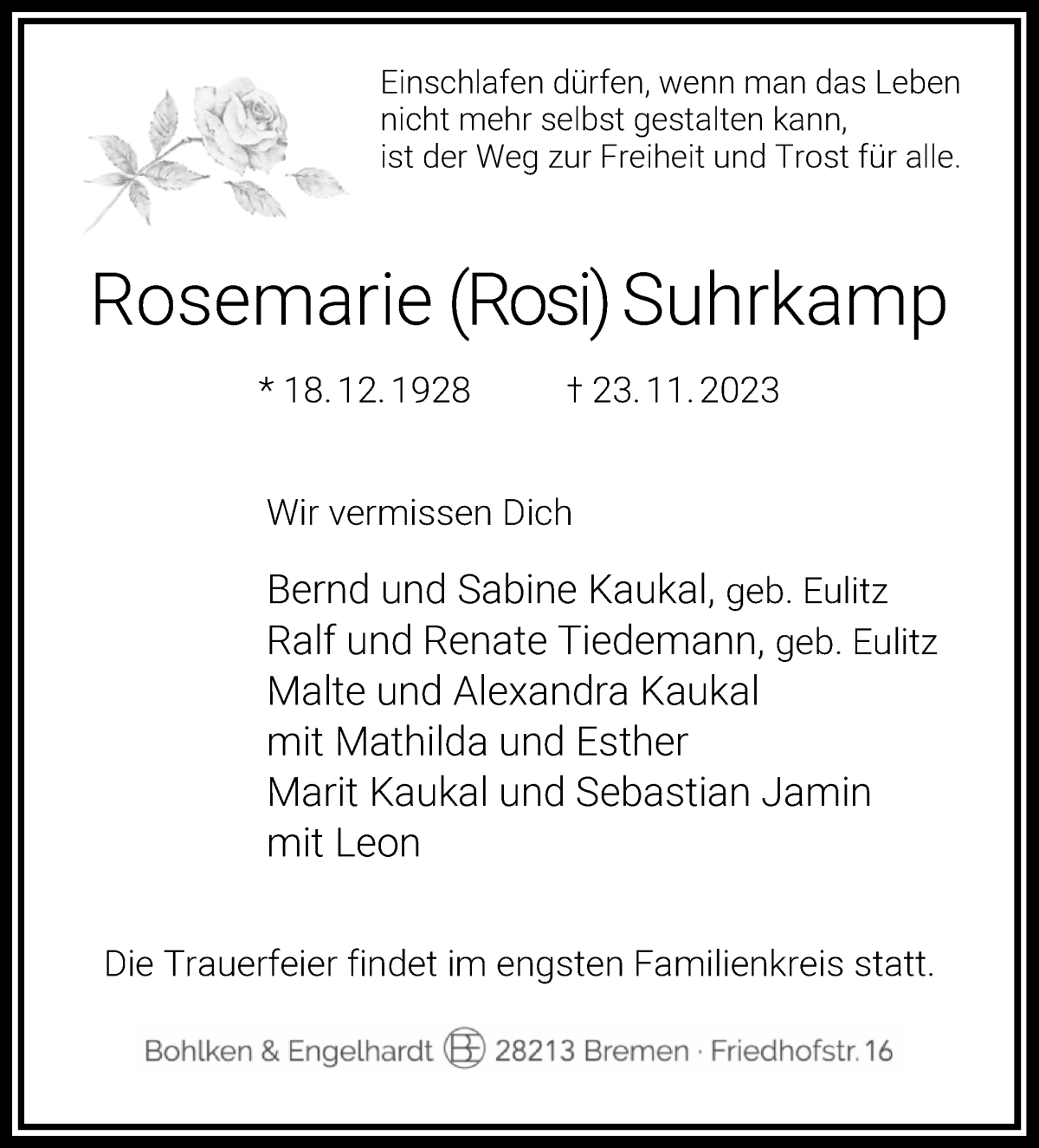 Traueranzeige von Rosemarie Suhrkamp von WESER-KURIER