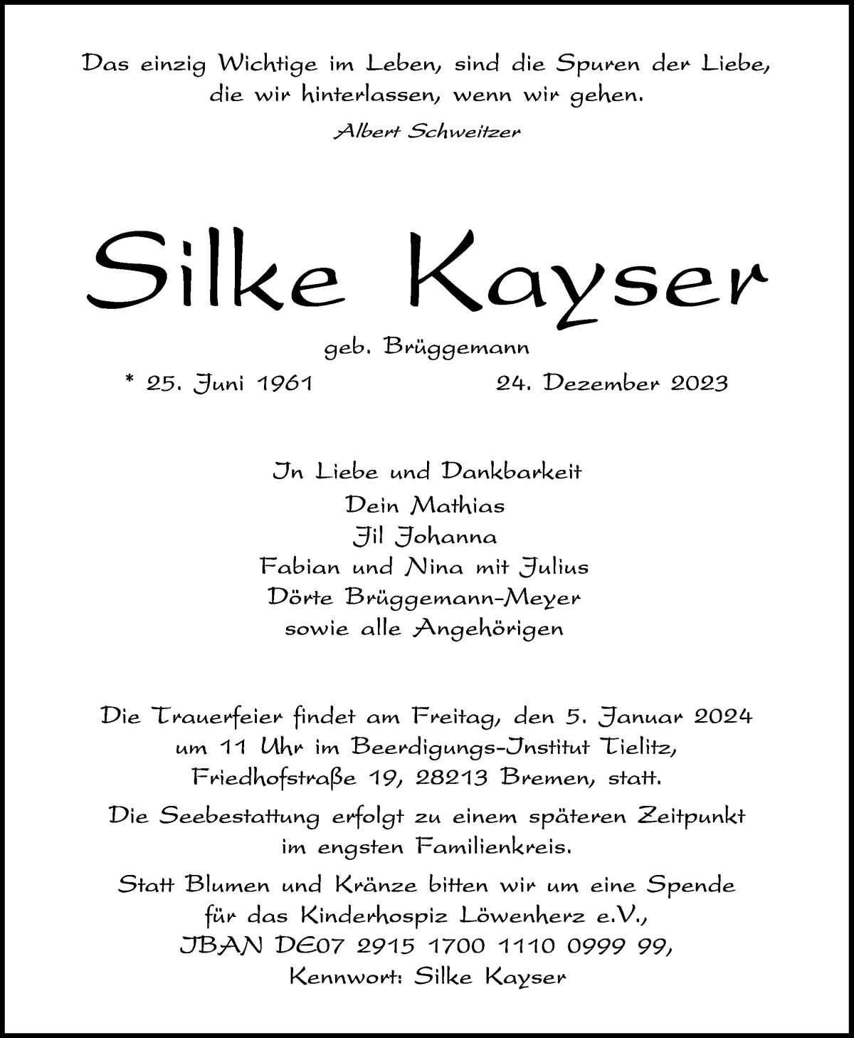 Traueranzeige von Silke Kayser von WESER-KURIER