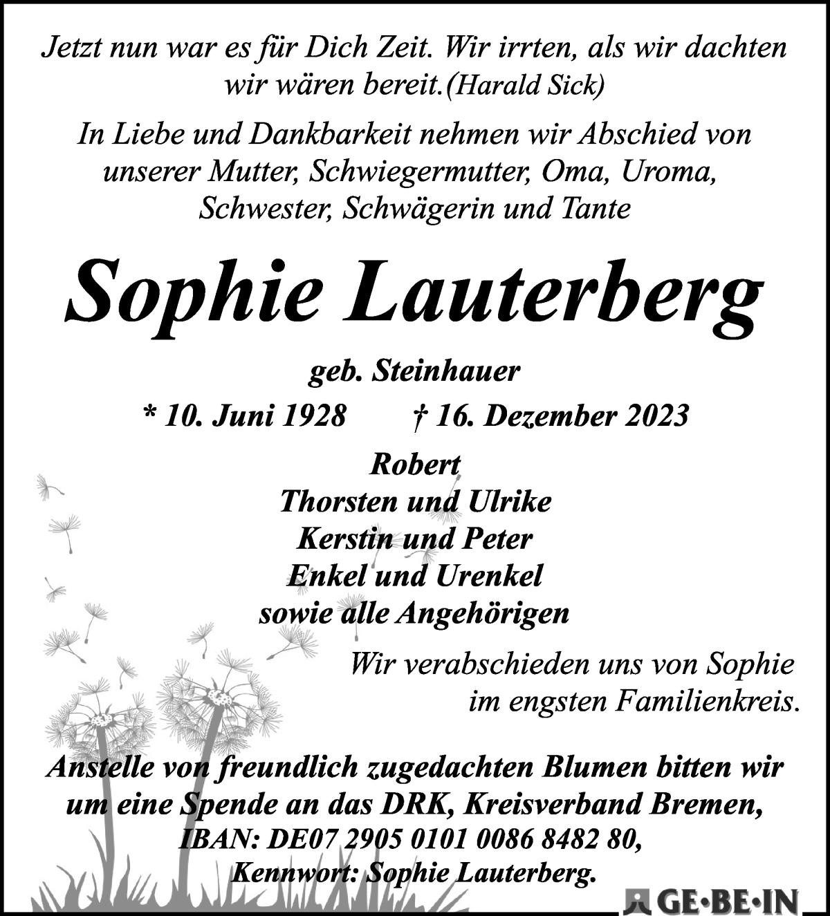 Traueranzeige von Sophie Lauterberg von WESER-KURIER