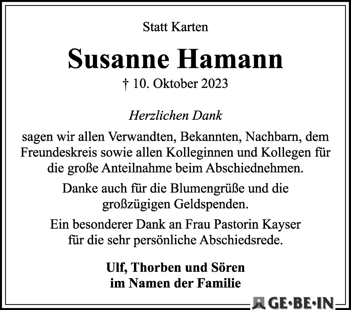 Traueranzeige von Susanne Hamann von WESER-KURIER