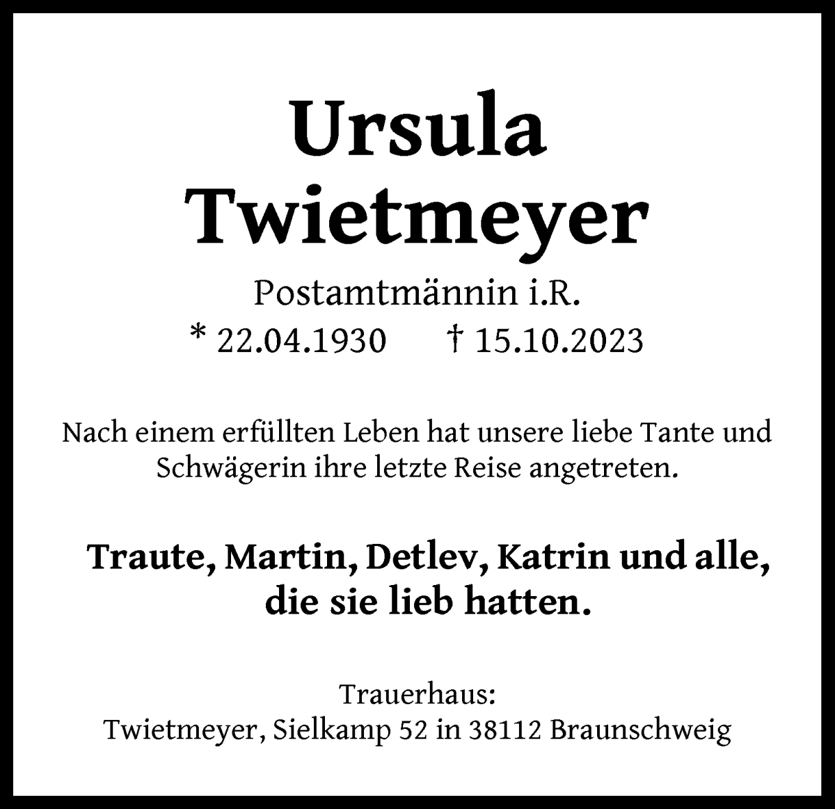 Traueranzeige von Ursula  Twietmeyer von WESER-KURIER