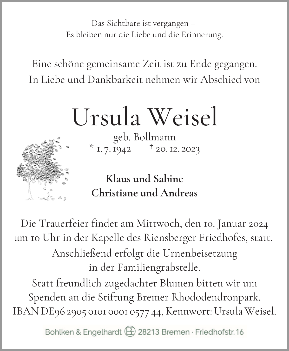 Traueranzeige von Ursula Weisel von WESER-KURIER