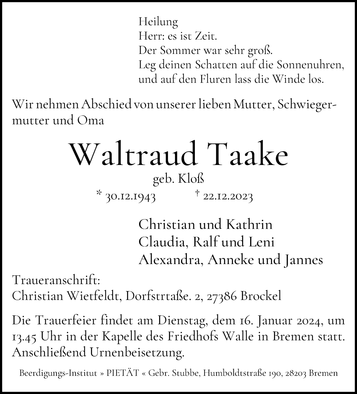 Traueranzeige von Waltraud Taake von WESER-KURIER