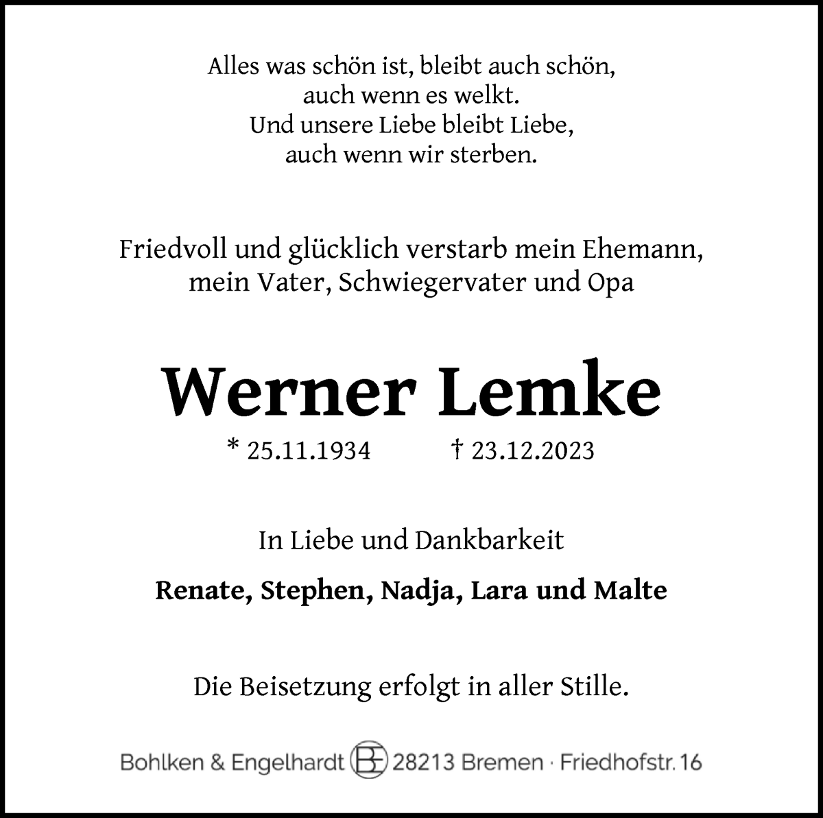 Traueranzeige von Werner Lemke von WESER-KURIER