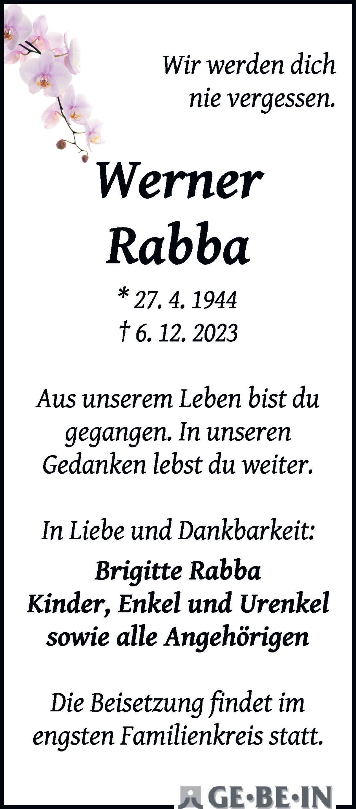 Traueranzeige von Werner Rabba von WESER-KURIER