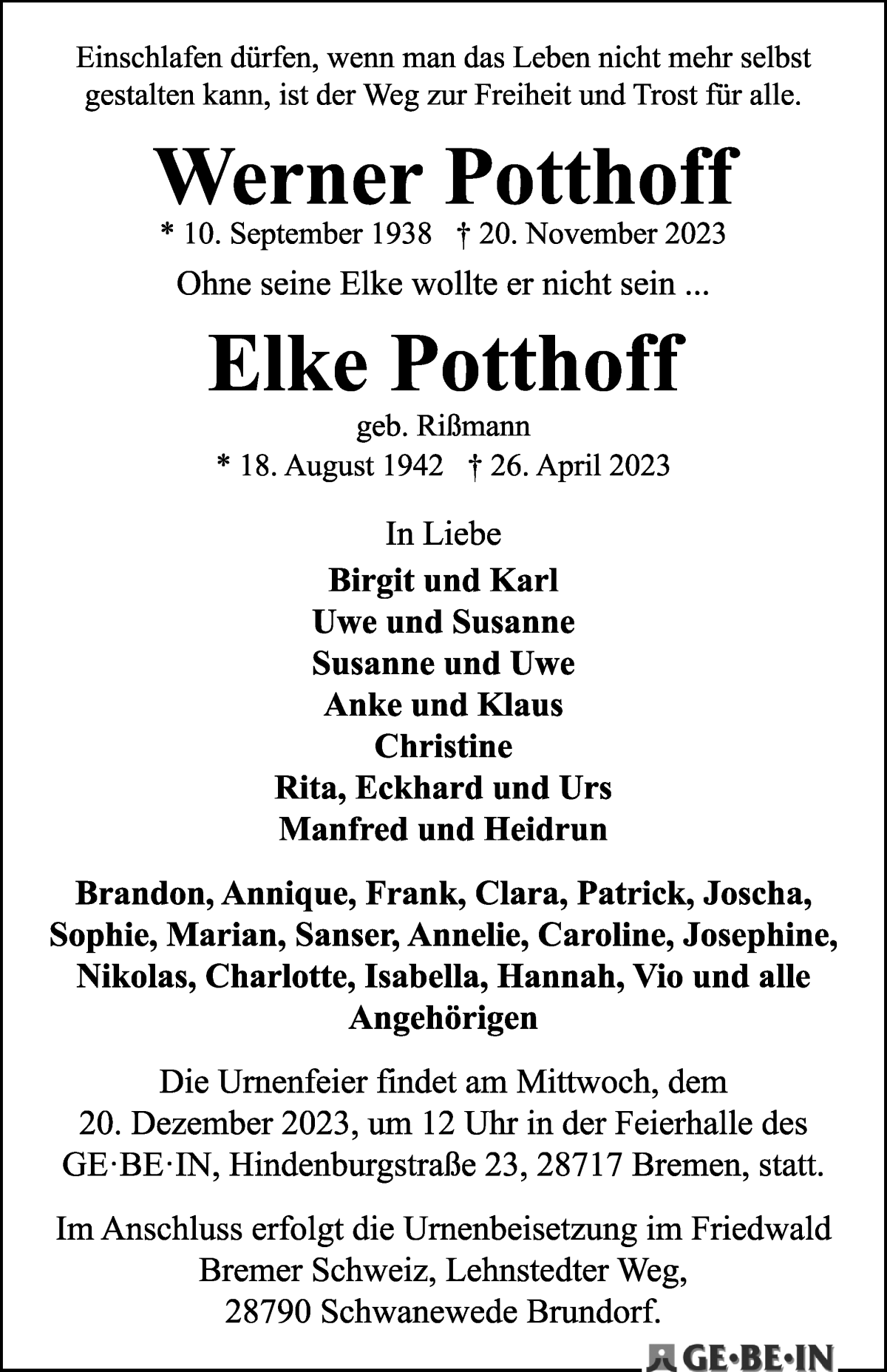 Traueranzeige von Werner und Elke Potthoff von WESER-KURIER