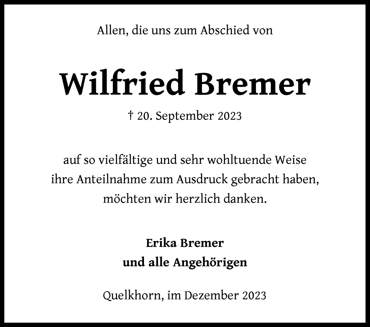 Traueranzeige von Wilfried Bremer von Achimer Kurier/Verdener Nachrichten