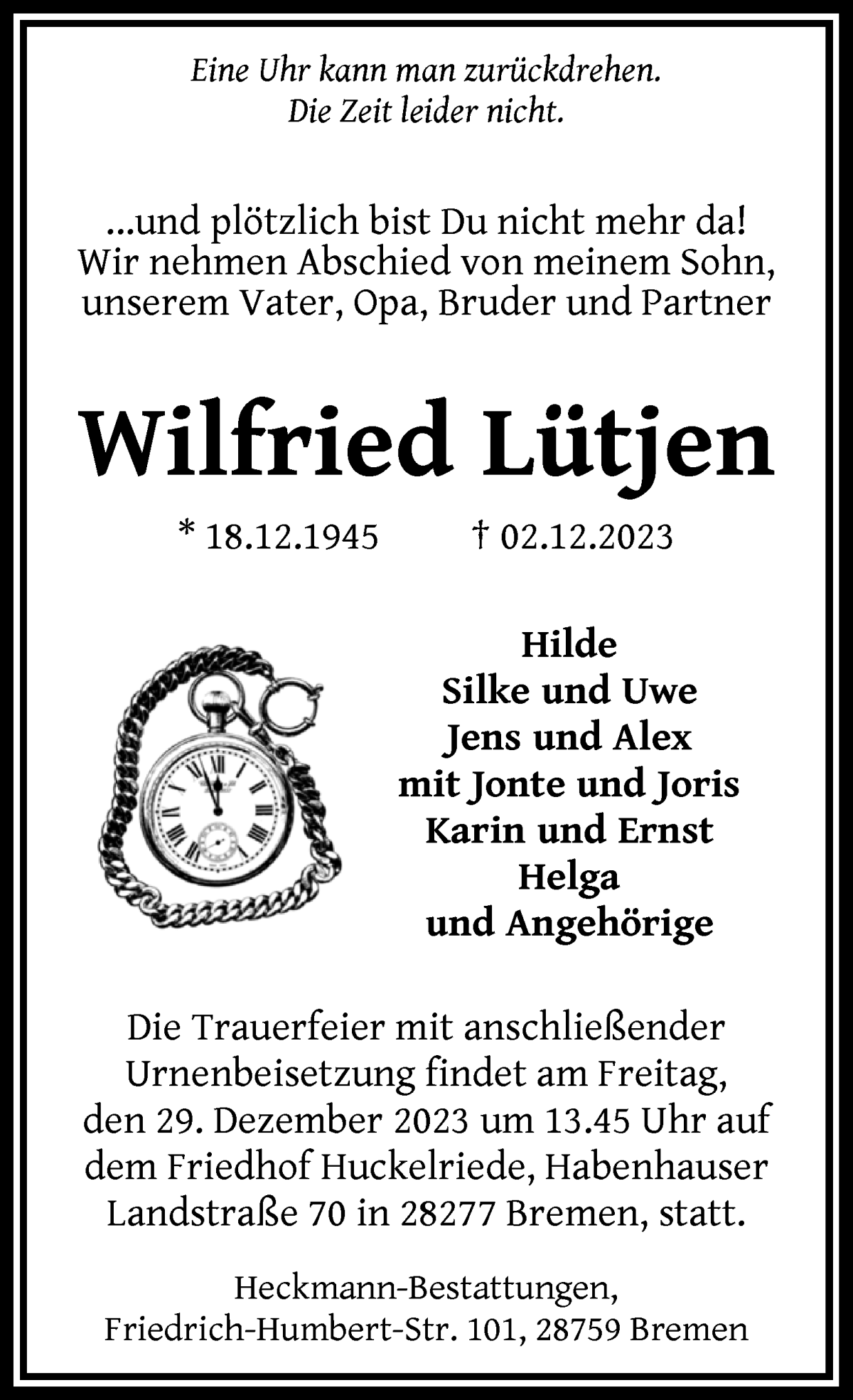 Traueranzeige von Wilfried Lütjen von WESER-KURIER